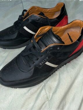 Bally Black Leather & Suede Sneakers with Red Heel and White Stripe